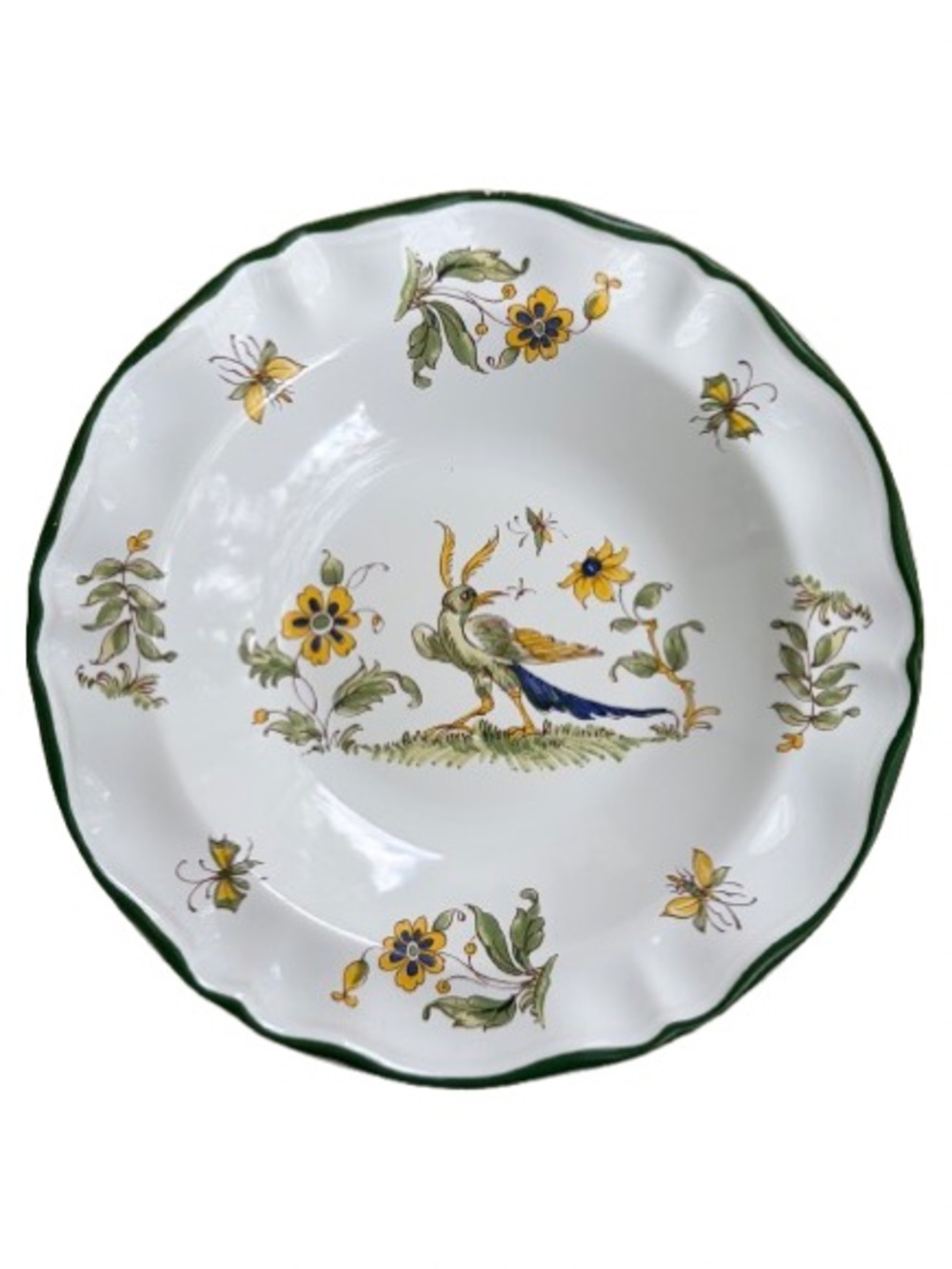 Varages France Vieux Provence Large Rim Soup Bowl 9.25" Faience Bird Flower VTG